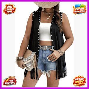 Plus Size Faux Suede Fringe Vest with Rivets Sleeveless Western Jacket